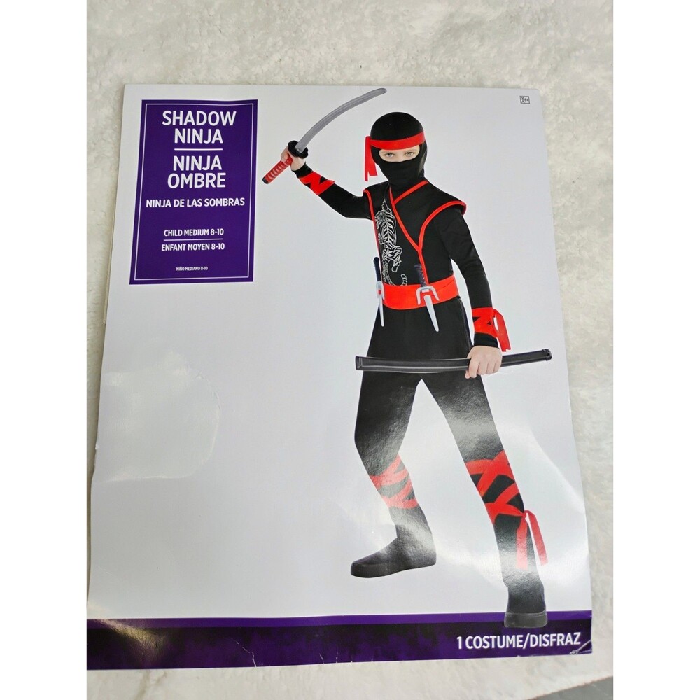 Shadow Ninja Child Costume NIB Sz M 8-10 Black/Red Belted #275
